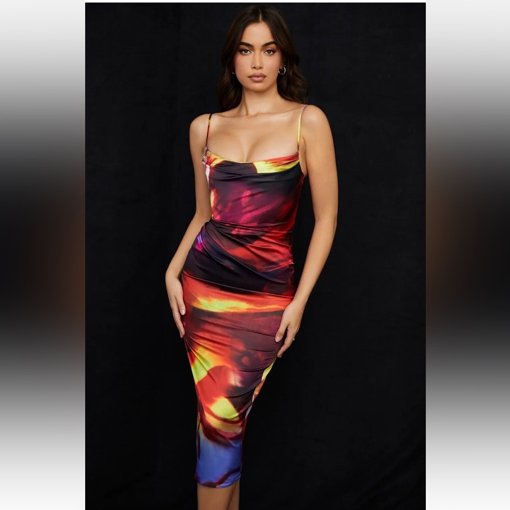HOUSE OF CB 'Mitzi' Printed Satin Corset Midi Dress /Size S-US 4-6
